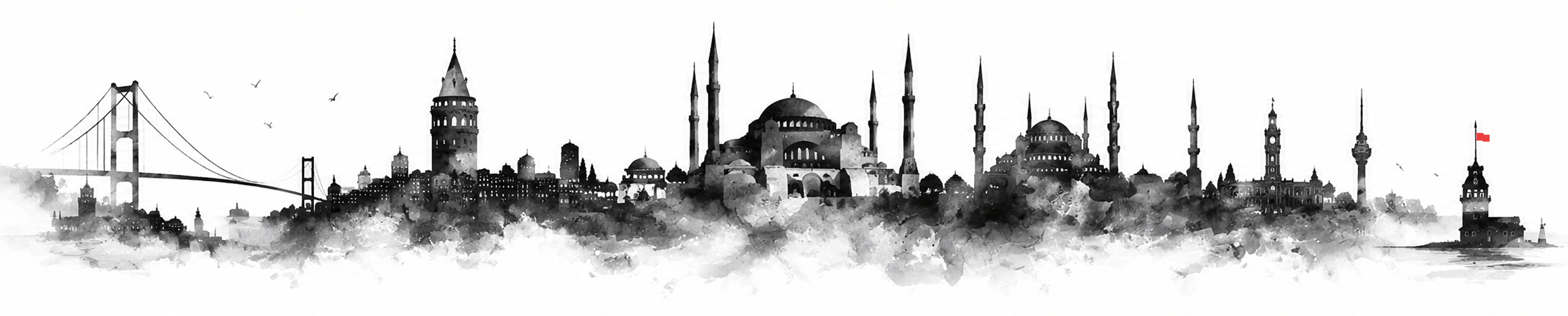 Panoramic ink illustration of the Istanbul skyline